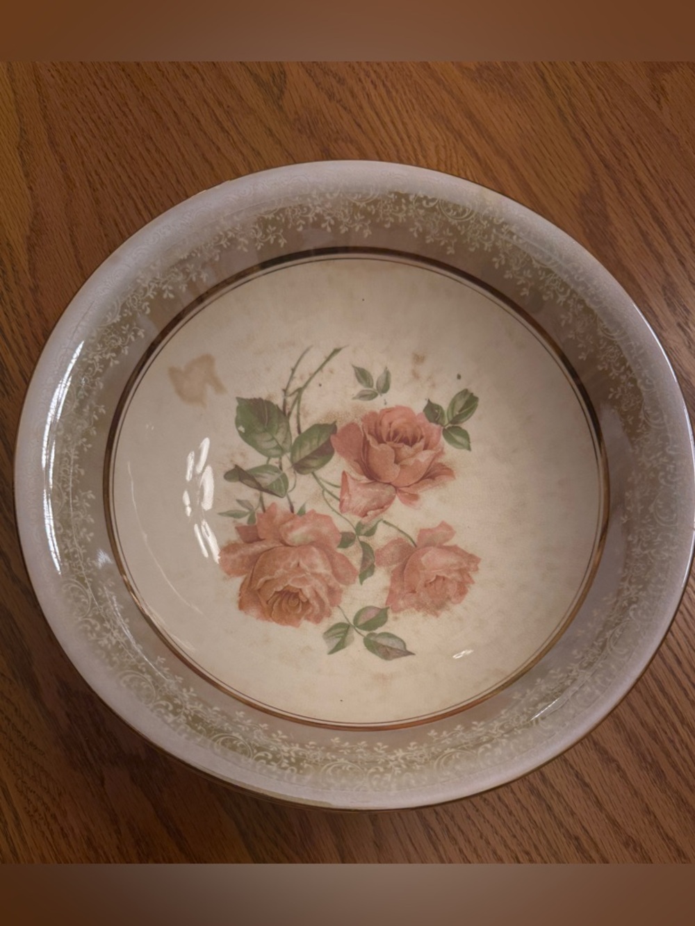 Vintage Dresden China Floral Serving Bowl Gold Rim Peach Roses Cottagecore Decor - Picture 2 of 7